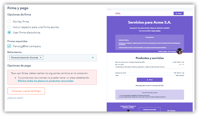 HAL cotizaciones online con firma digital en HubSpot CRM